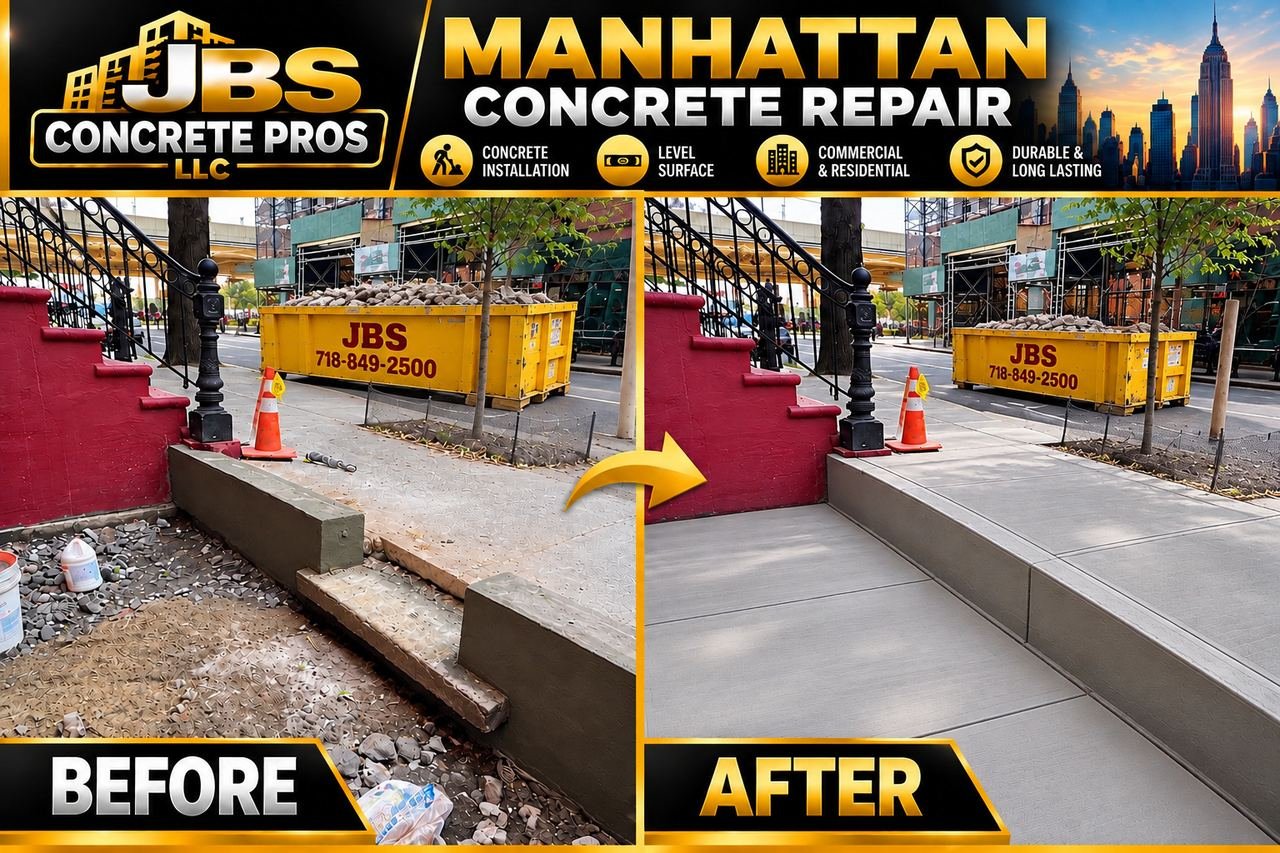 Before and after: sidewalk and curb beside a brownstone stoop in Manhattan rebuilt in level concrete by JBS, with a JBS roll-off container at the curb