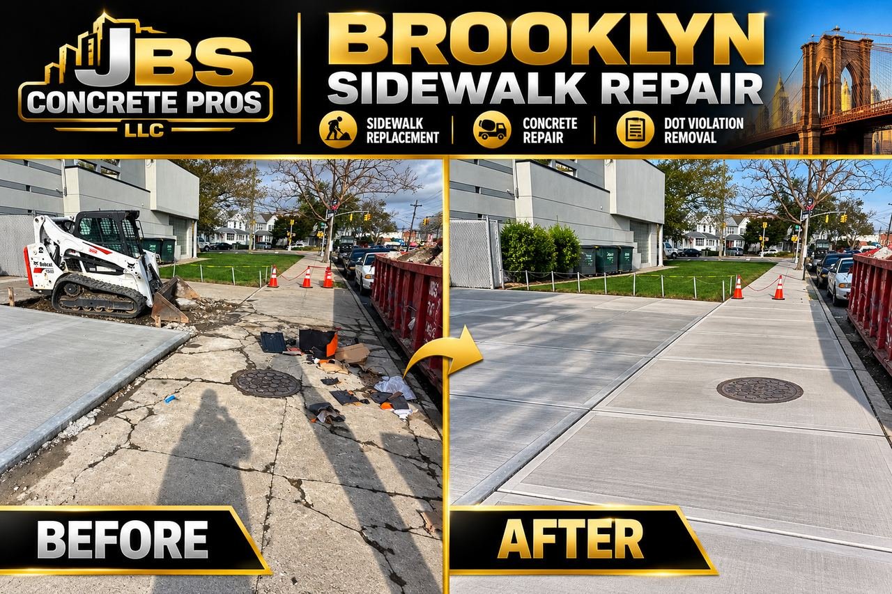 Before and after: cracked corner sidewalk in Brooklyn broken out with a skid steer and repoured in new concrete flags around a utility cover by JBS