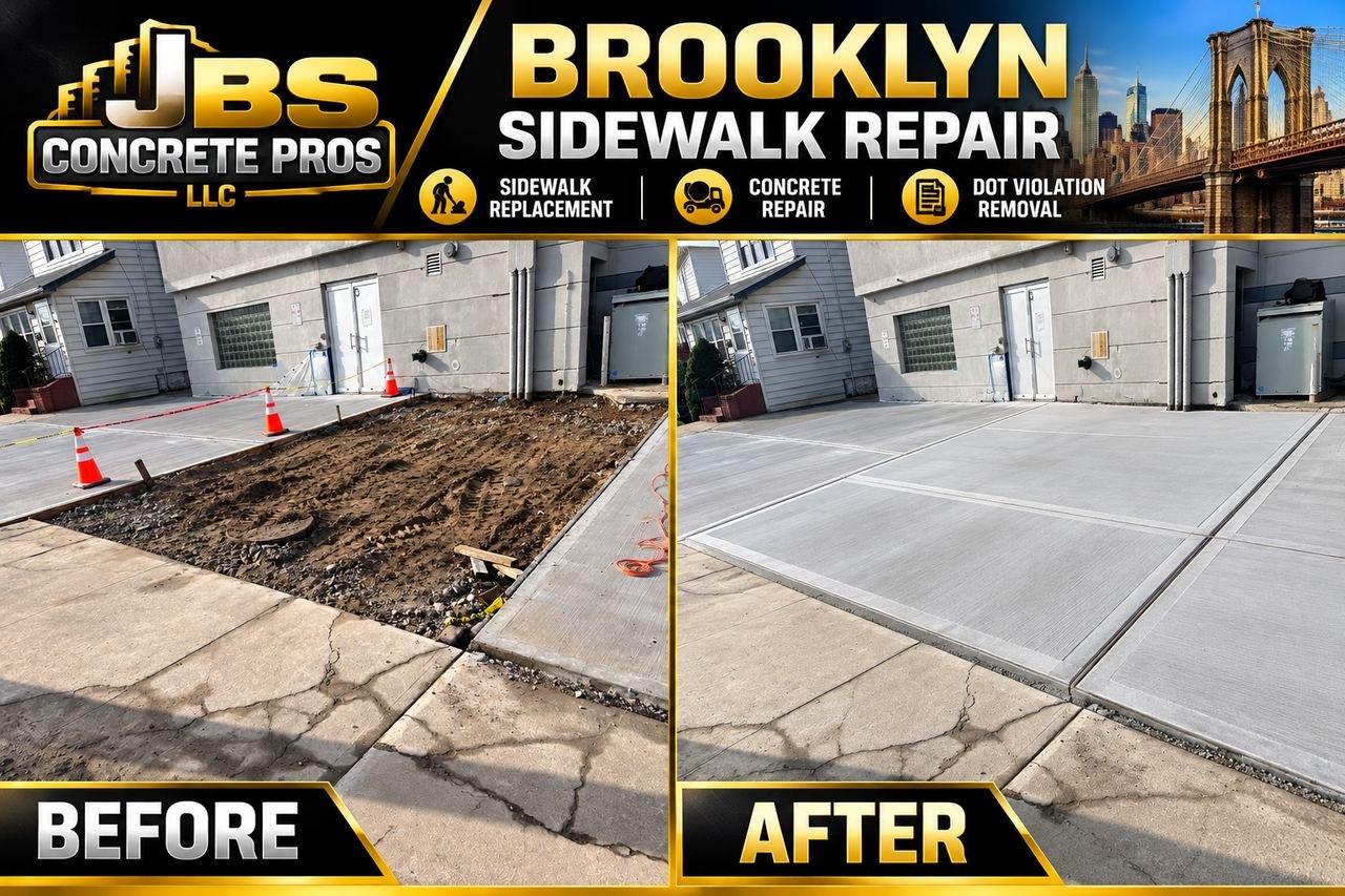 Before and after: excavated sidewalk section in front of a Brooklyn building repoured in new jointed concrete by JBS Concrete Pros