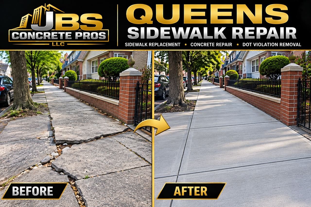 Before and after: broken, root-heaved sidewalk flags on a tree-lined Queens block replaced with new DOT-spec concrete by JBS Concrete Pros