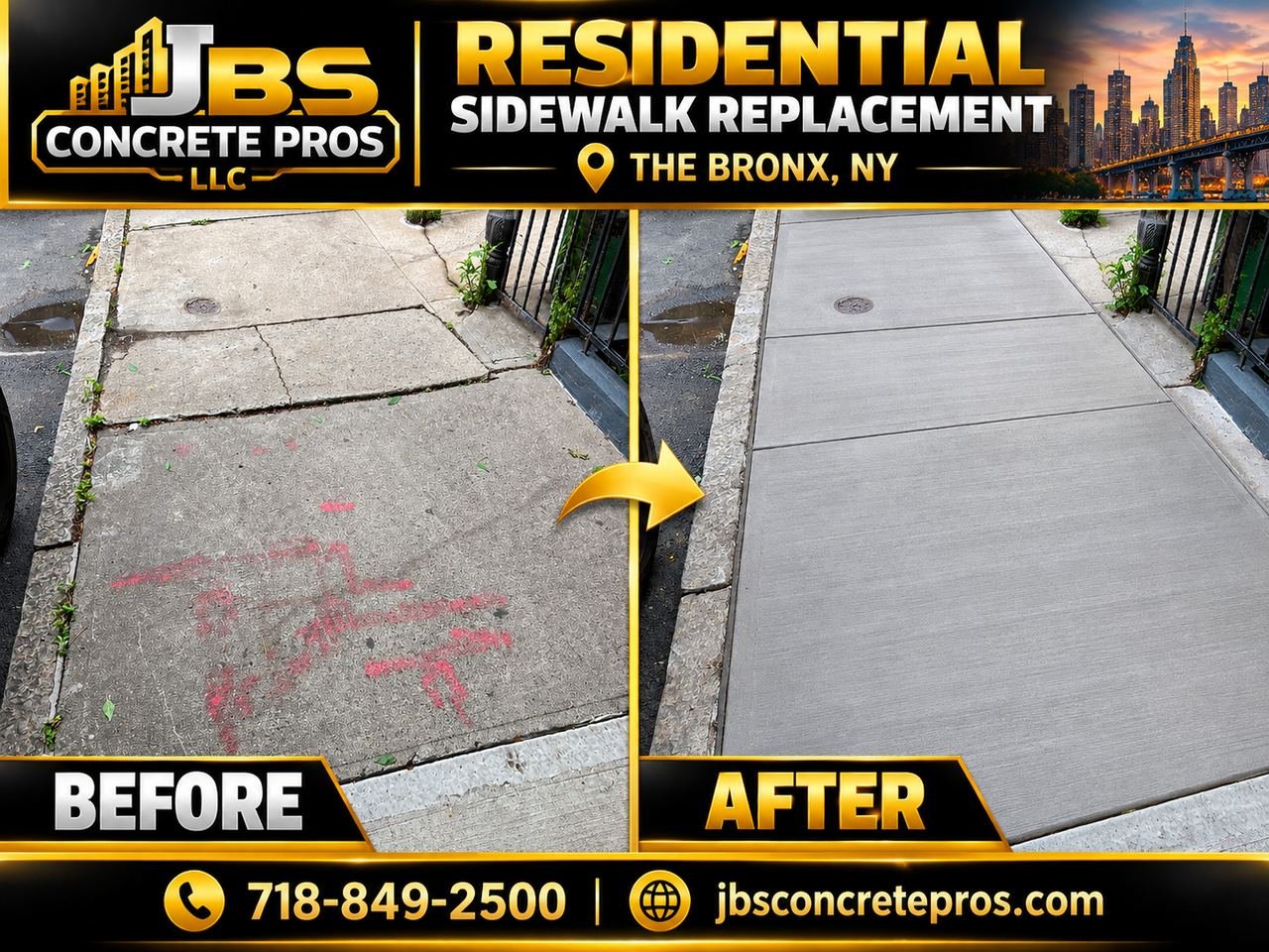 Before and after: cracked, spray-marked residential sidewalk flags in the Bronx replaced with new broom-finished concrete by JBS Concrete Pros