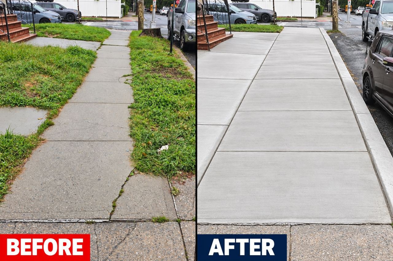 Before and after: worn, cracked residential sidewalk with overgrown edges replaced with a new concrete sidewalk and curb by JBS Concrete Pros